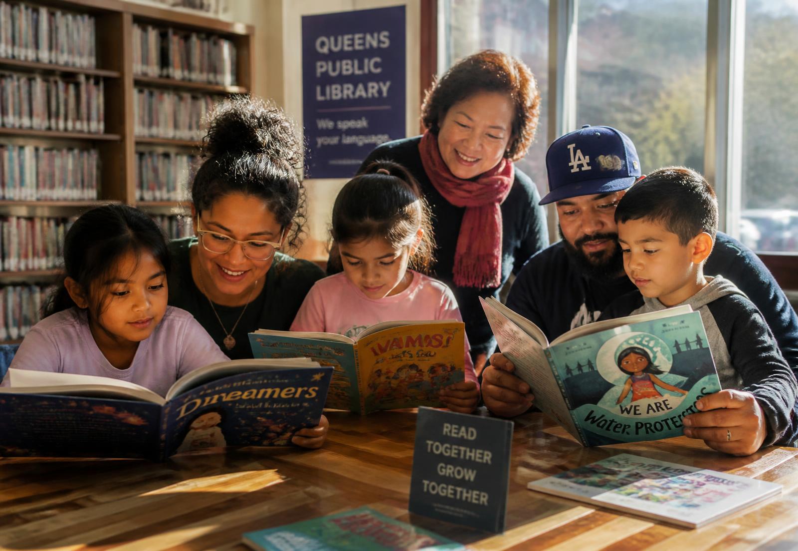 Children and adults reading picture books together at a Queens public library table